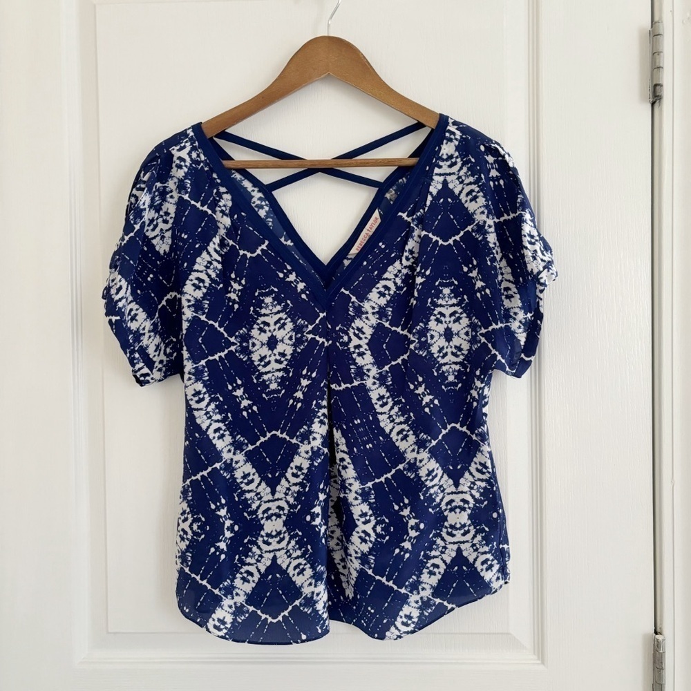 Rebecca Taylor Blue Batik Silk V Neck Blouse Sz 6